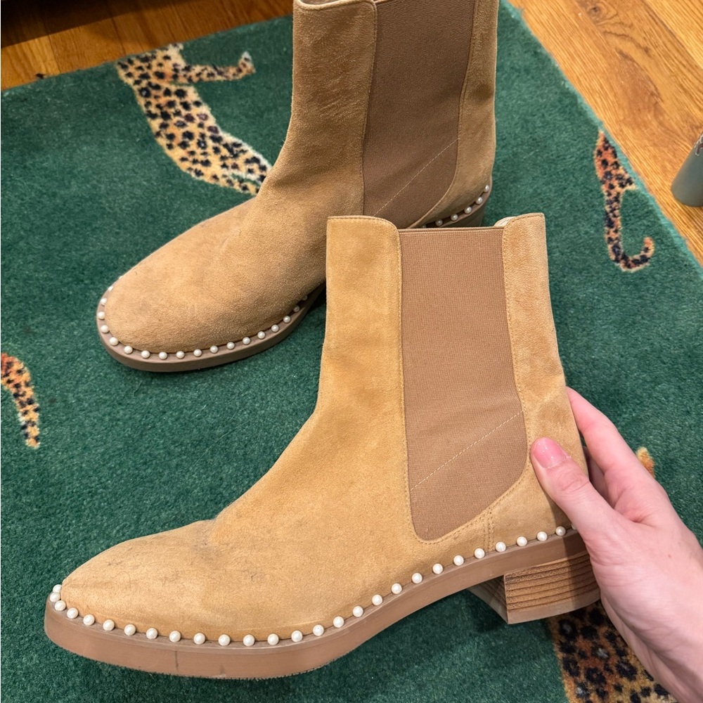 Stuart Weitzman Tan Ankle Boots with Pearl Detailing